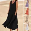 Robes décontractées robe midi quotidienne élégante sans manches féminines avec des poches de robe de soleil douce respirante douce pour les usures confortables