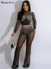 Women's Two Piece Pants Beyprern Black Sheer Mesh Rhinestone Crop Top And Wide Legs Set Sparkle Crystal Tracksuit Birthday Outfit