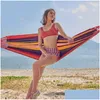 Hammocks Canvas Single Hammock Outdoor Swing Garden Indoor Slee Rainbow Stripe Travel Cam Supplies With Bag Bed 185X80Cm Drop Delive Dhdcd