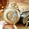 Pocket Watches Luxury Retro Golden Hollow Skeleton Mechanical Pocket Mens Fob Chain Steel Exquisite Sculpture Women Men Pocket Wath Gifs L240402