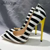 Dress Shoes Tikicup Black White Stripes Print Women Pointy Toe Stiletto Pumps With Yellow Heels 8cm 10cm 12cm High Comfortable