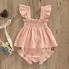 Vêtements Ensembles pour enfants Bébé Vêtements d'été pour les filles nés Born Aftuil Girls Solid Cotton Linn Sleeve Ruffles Tops Shorts élastiques 2PC