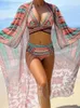 Retro Ethnic Style Shawl Bikini Cross Pasek Bra Kobiety Trzyczęściowe stroje kąpielowe błękitnokrotne z wysokim poziomem odzieży plażowej 2024 Summer 240322