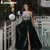 Party Dresses One Shoulder Long Sleeves Applique Lace Black Prom Dress With Belt Slit Robe Soiree Femme Evening Luxury