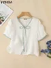 Blouses des femmes 2024 Vonda Summer Femmes Elegant Office Ol Shirt Shirt Patchwork Blusas Lace Up Up Short Sleeve Thin Thin Tops Streetwear