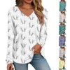 Damen T -Shirts Shirt Ostern Print Langarm täglicher Wochenend Basic v Hals reguläre Frühlings -Top -Frauen Modebluse