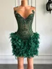 Party Dresses Luxury Beaded Diamond Women Cocktail Dress Black Girl Dark Green Feather Short Prom 2024 för födelsedag