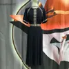 European Women's Dresses Fashion Brand Black V-Neck Short Sleeved Gathered Waist Embroidered Decorative Midi Dress