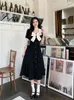 Casual Dresses Vintage French Bow Square Collar Black Pink Dress 2024 Summer Fashion Elegant A Line 4xl Women Slim Midje Party