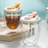Weingläser 450 ml Doppelschichtglas mit leckdichtem Deckel transparenter Isolierung Kaffee Tasse Milch Tee Saft Mädchen süßes tragbares Wasser