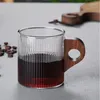 ワイングラスガラスコーヒーマグ日本風のカップ木製ハンドル垂直ストライプティーミルクホームオフィスドリンクウェアビールギフト