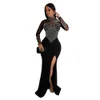 Fashion Women's Solid Color Mesh Hot Diamond Split Long Dress F4680