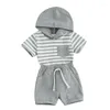 Set di abbigliamento per neonati bambino abiti estivi abiti estivi camicia con cappuccio a strisce corta con pantaloncini da jogger a colori solidi