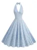 Casual jurken Blue White Plaid Print Halter Vintage Holiday Women Summer 50s 60s Sexy High Taille Fit en Flare Rockabilly Dress