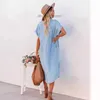 New fashionable solid color denim short sleeved dress medium length split lining dress