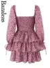 Casual Dresses 2024 Bazaleas Sexy Rose Pink Floral Print Women's Dress Bandage Puff Long Sleeve Holiday Ruffles Cake Mini