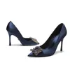 Dress Shoes Spring Autumn High Heels Women Pointed Toe Elegant Lady Sexy 7cm Royal Blue Slip-on Stiletto Pumps Rhinestone Square Buckle