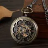 Pocket Watches Flip Open Clock Mechanical Pocket Bronze Roman Digital Retro Hollow Steam Punk FOB With FOB Chain Womens Gift L240402