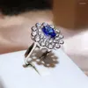 Rings Cluster Design creativo 925 Silver intarsio Blue Gemstone Flower Engagement per donne zirconia gioielli da sposa