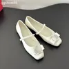 Mary Jane Straight Tape Small Leather Leather Shoes New Flat Ballet Silver Square Bow Line with altywow Mouth Single Shoes Fashion All Match Dance Shoes Size35-42