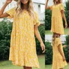 Casual Dresses 2024 Summer Short Sleeved Round Neck Sundress Floral Printed Ruffle Hem Flowy Mini Dress Loose Woman Party Night