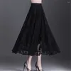 Skirts Korean Black Lace Ruffles Tulle Skirt Women'S Autumn Winter A-Line Long Office Ladies Big Swing Hollow Pleated