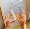 Wine Glasses Korean Ins Girl Heart Kawaii Mugs Bubble Star Sky Sequin Double Wall Glass Coffee Cup Handle Heat Resistant Milk