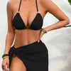 Kadın Mayo Kadın Mesh Etek Mayo Şık 3pcs Bikini Bağşut up brifingleri ile Set Sold Color Halter sütyenini örtüyor