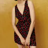 Casual Dresses 2024 French Retro Cherry Print Summer Tank Dress Women Sleeveless V Neck A-line Short Holiday Robe