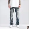 Män jeans herrar blå le bläck tvättade förstörda blossade jean byxor hip hop iti rippade denim för män streetwear vintage bred droppe leverera dh7f2