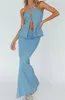 Work Dresses Fashion Womens 2 Piece Summer Outfits Sleeveless Button Down Halter Tops High Waist Long Skirt Set Beachwear