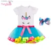 T-shirts 2020 Menina Tutu Dress Rainbow Princess T-shirt com Tutu Party Dress Toddr Baby de 2 a 11 anos de aniversário Roupas infantis L46