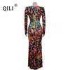 Sukienki swobodne Vintage druk qili-Women długa sukienka seksowna głęboka elastyczna taśmowa trąba elegancka elegancka elegancka dama