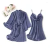 Home Vêtements Twinset Femmes Robe Set Rayon Satin Nightgown Slewear Lingerie Feme Summer Silky Bathrobe Nightwear Kimono Robe Costume
