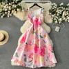 Women Basic Casual Dresses Runway Designer Jacquard Summer Dress Women's Sleeveless Tank O Neck Vacation Floral Print Belt Ball Gown Robe Vestidos 2024