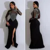 Casual Dresses Women Dress Slim Montering Long Elegant Mesh Rhinestone Maxi Stylish Side Split Gown Women's Sleeve Collar