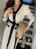 Casual Dresses Elegant French V-neck Office Lady With Tie Waist Black Cardigan Knitting Vintage Korean Chic Party Single Breasted Women