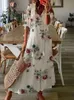 Robes basiques décontractées 2024 Bohemian Long Robe Femme Summer Vintage Imprimement floral V Neck Half Mancheve Femme DrawString Loose Beach 230531