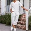 Herrespår 2024 Summer Leisure Mens Two Piece Set Solid Color Loose Suits Men Casual Short Sleeved V Neck T Shirts and Pants Outfits