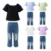 Vêtements Ensembles Kids Girls Vêtements Coton Off épaule en dentelle Hémands Ripped Beads Denim Jeans 2pcs Spring Autumn Children Costumes 2-14 ans