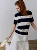 Women's T Shirts Spring Cotton Wool Blend Tees For Women Bear Embroidery Pockets Striped Knitwear T-Shirt Tops Clothing