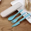 Ensembles de vaisselle 3PCS / Set Couplery Box portable Japon Style Wheat Paille Couteau à fourche pour la vaisselle pour la cuisine de voyage étudiant