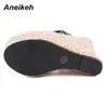 Тапочки Aneikeh Летние клинья Flip-Flops Женская обувь Fashion Classics Pu Платформа головка Peep Toe Высокие каблуки Размер 35-42