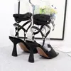 Dress Shoes Summer Women PU Sexy Slippers Square Heel Lace Up Sandals Toe Glitter Shiny High Heels Wedding Party Fashion Pumps