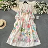 Runway Dresses Summer Holiday Flower Robe Dress Women spets sparkar V-ringning Lång lykta ärm Sashes blommig tryck maxi vestidos kläder 2024