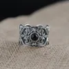 S925 Sterling Silver Vintage Thai Inlaid Black Agate Ring Men and Women Hollow Pattern Wide Couple Rings 240401