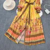 Basic Casual Dresses 2024 Nieuwe zomer Chiffon Flower Boheemse jurk damesrapel Lantaarn mouw enkele borsten riem vat lang gewaad Boho Vestidos