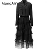 Robes de travail Monaaiyi Fashion Designer de mode pour femmes Bouton Single Black Black Casual Blazer Tiered Ruffles Mesh Sangle Robe 2PCS