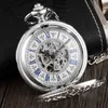 Pocket Watches Vintage Silver Steampunk Sun Flower Hollow Design Mechanical Pocket Male Clock Skeleton Hand Wind Men With FOB Chain L240402