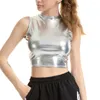 Camisoles Tanks Women Crop Top Faux Leather Tank Tops Sexig Shiny Wetlook Mock Neck Vest Slim Fit Dance Clubwear Stage Performance Clothes Clothes